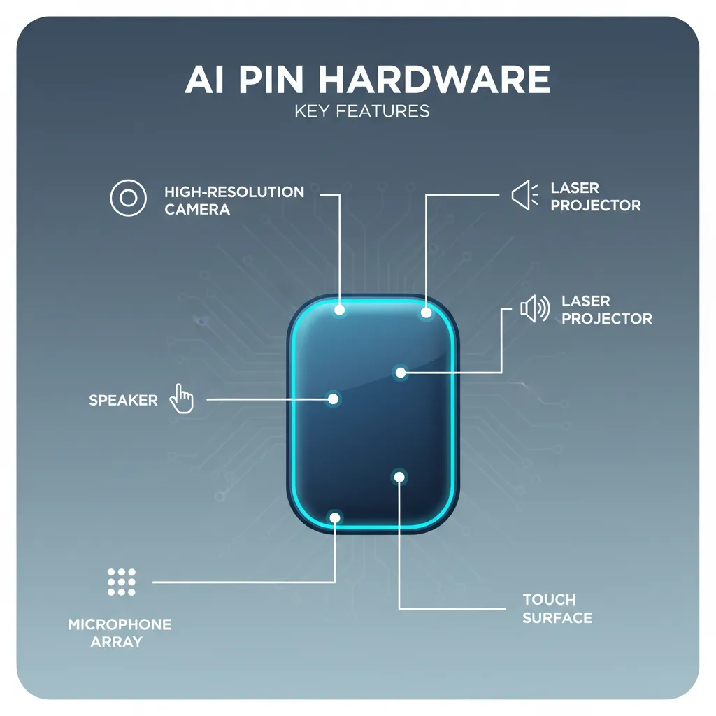 An infographic detailing the core components and features of a modern AI Pin, like the camera, projector, and microphone.