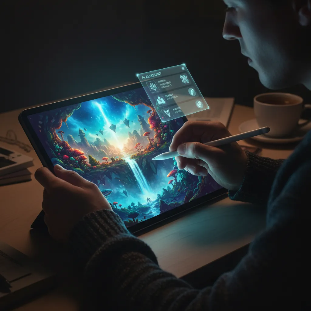 A digital artist using a tablet with AI-powered design software suggesting color palettes and shapes.