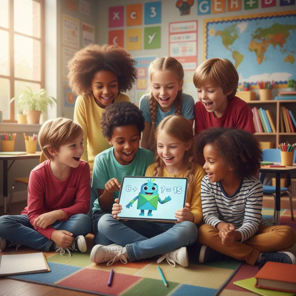 A diverse group of students in a classroom using tablets with a friendly AI tutor character on the screen.