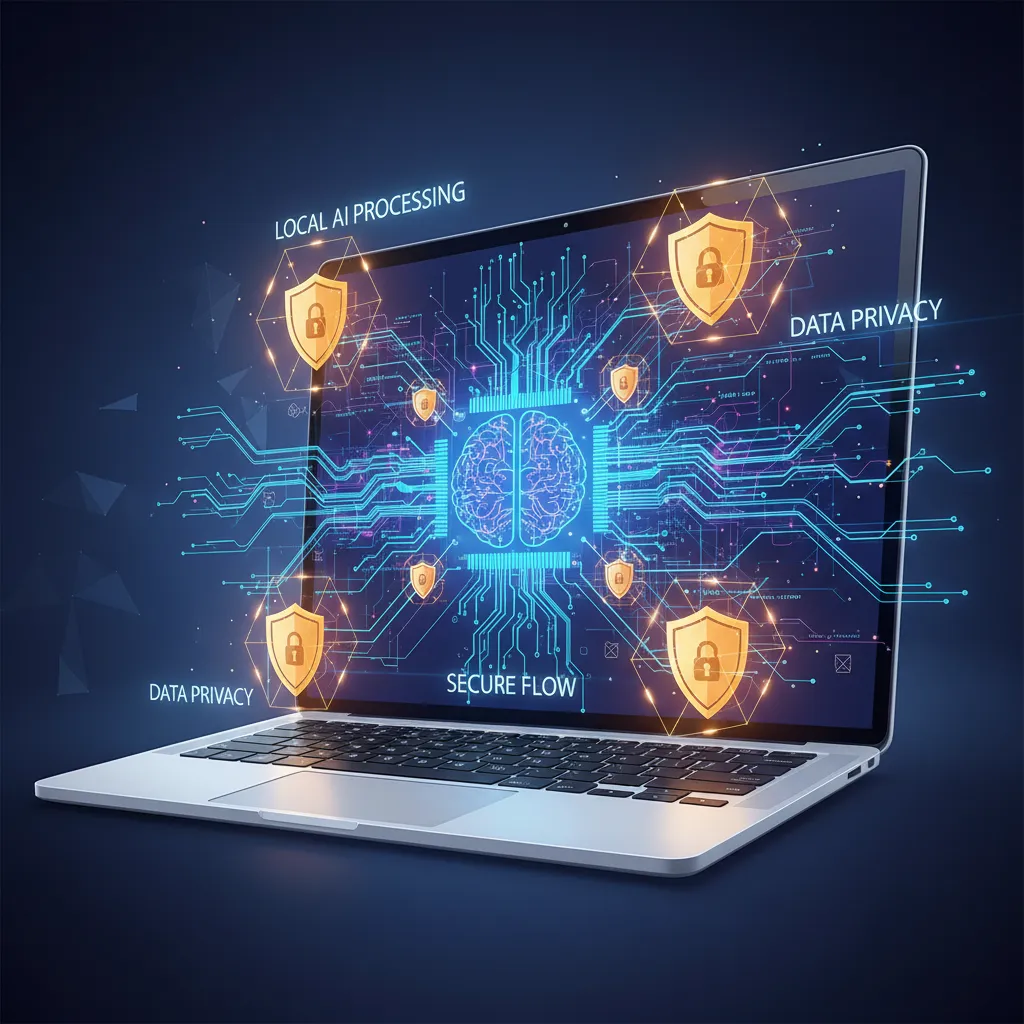 Stylized image of secure data flow within a laptop, highlighting AI privacy.