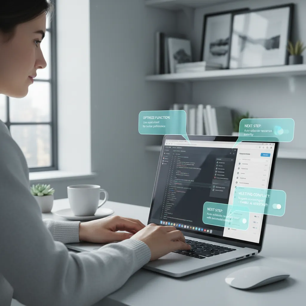 A person sitting at a modern desk, working on a laptop displaying charts and code, with glowing AI interface elements overlaid, symbolizing an enhanced productivity workflow.