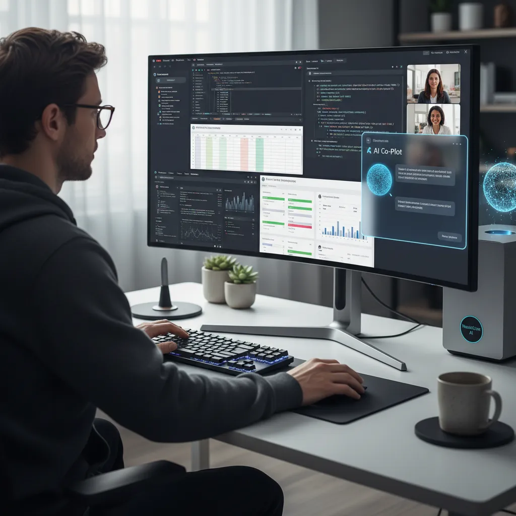 Person multitasking on an AI PC with an intelligent assistant