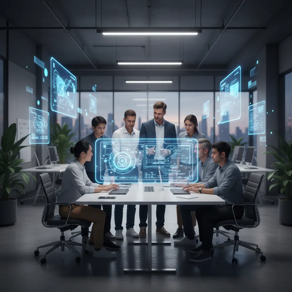 Software engineers collaborating on a quantum computing diagram with AI assistance