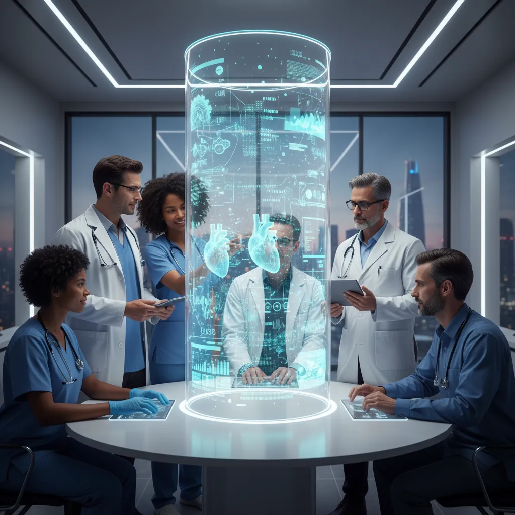 Diverse healthcare professionals and AI researchers collaborating on ethical AI.