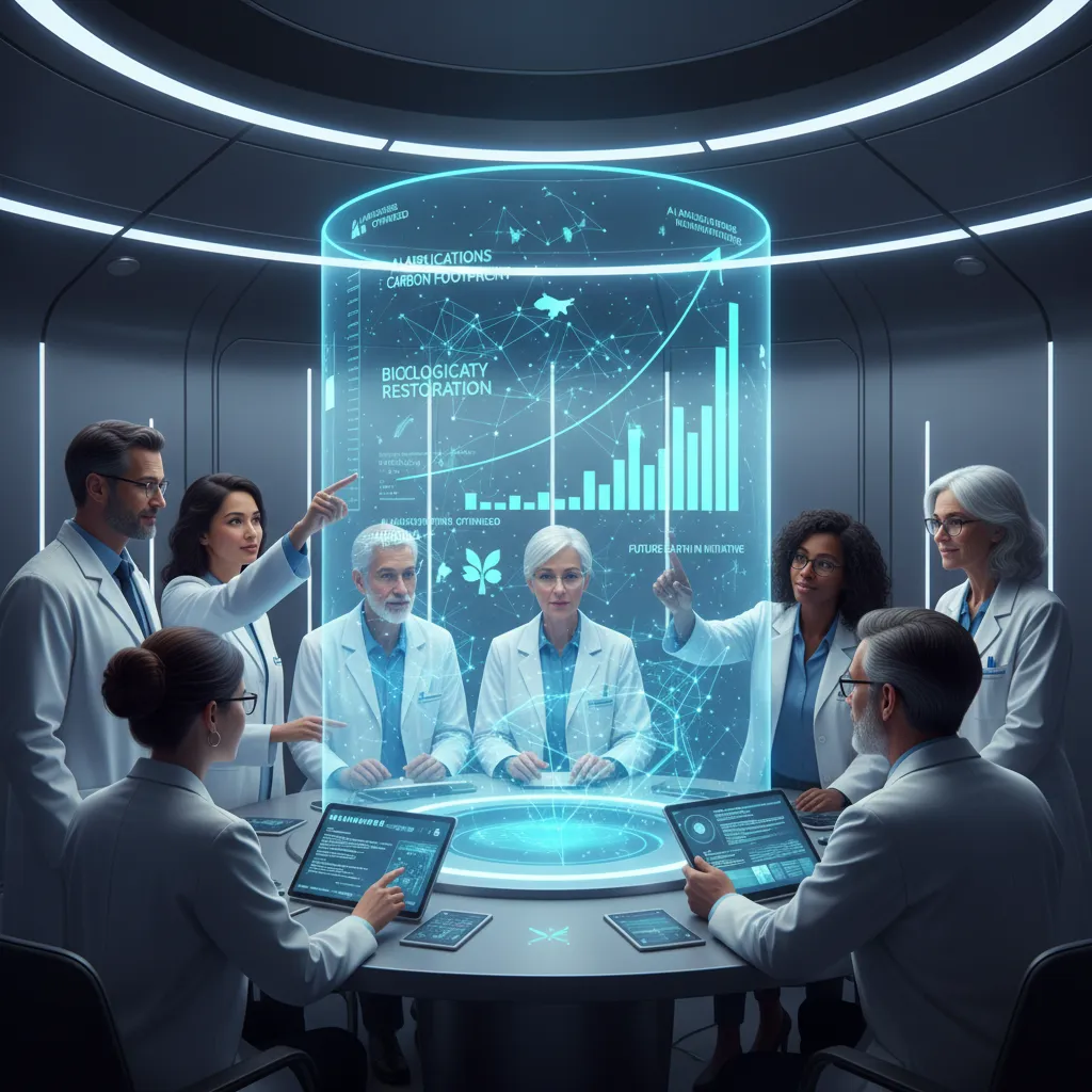 Researchers and scientists collaborating on a holographic display showing AI's positive environmental impact.