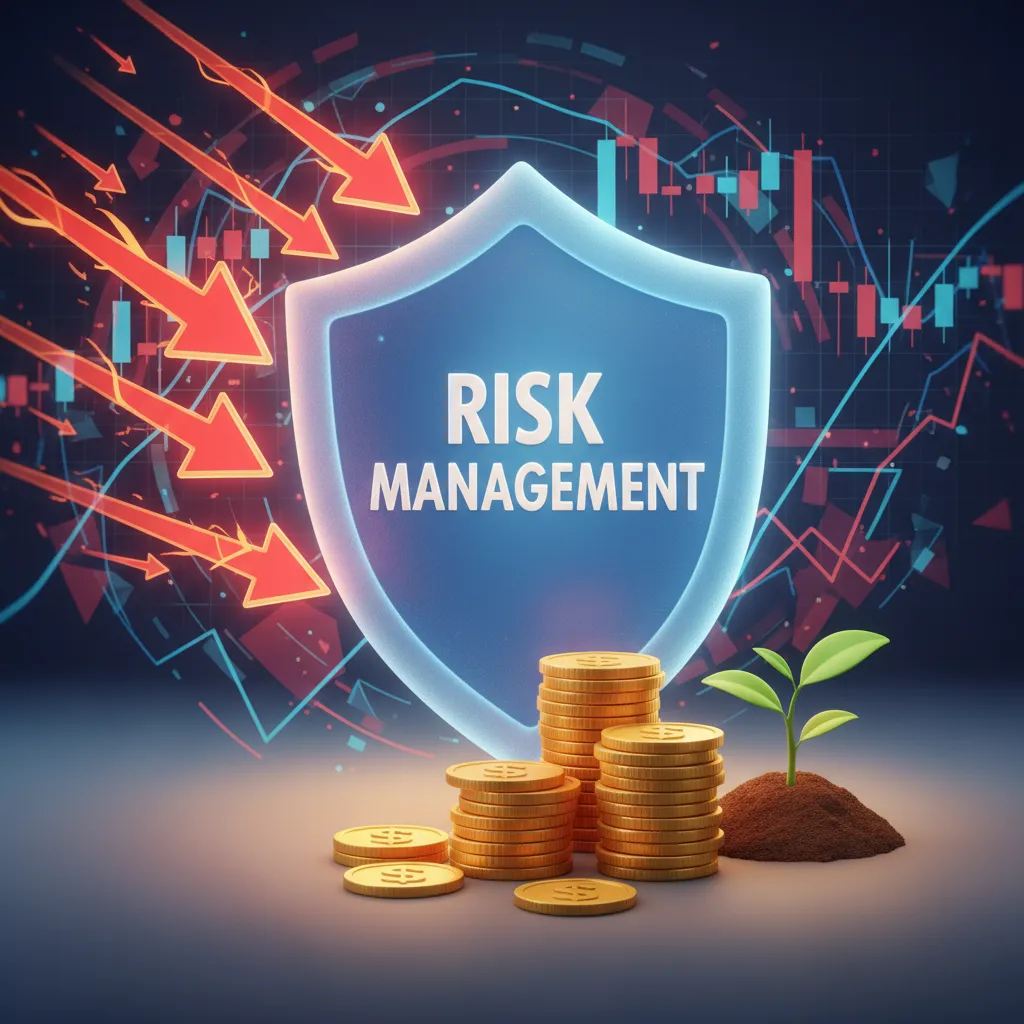 An illustration of a shield protecting a pile of gold coins from volatile stock market arrows.