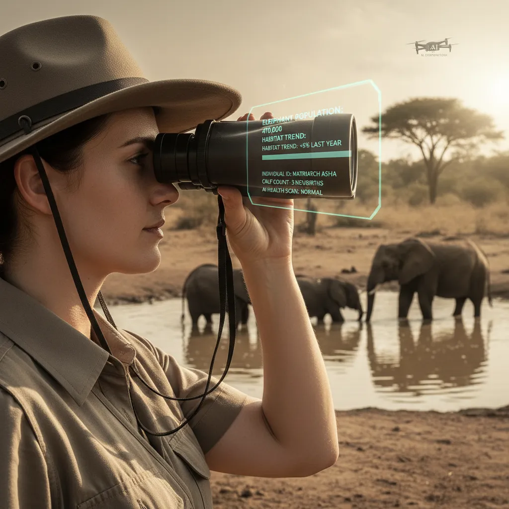 A tourist on a safari views elephants through their phone, which displays an AR overlay with conservation data and animal facts.
