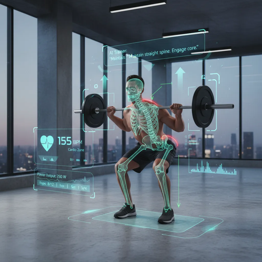 Person exercising with AI overlays showing form correction and metrics