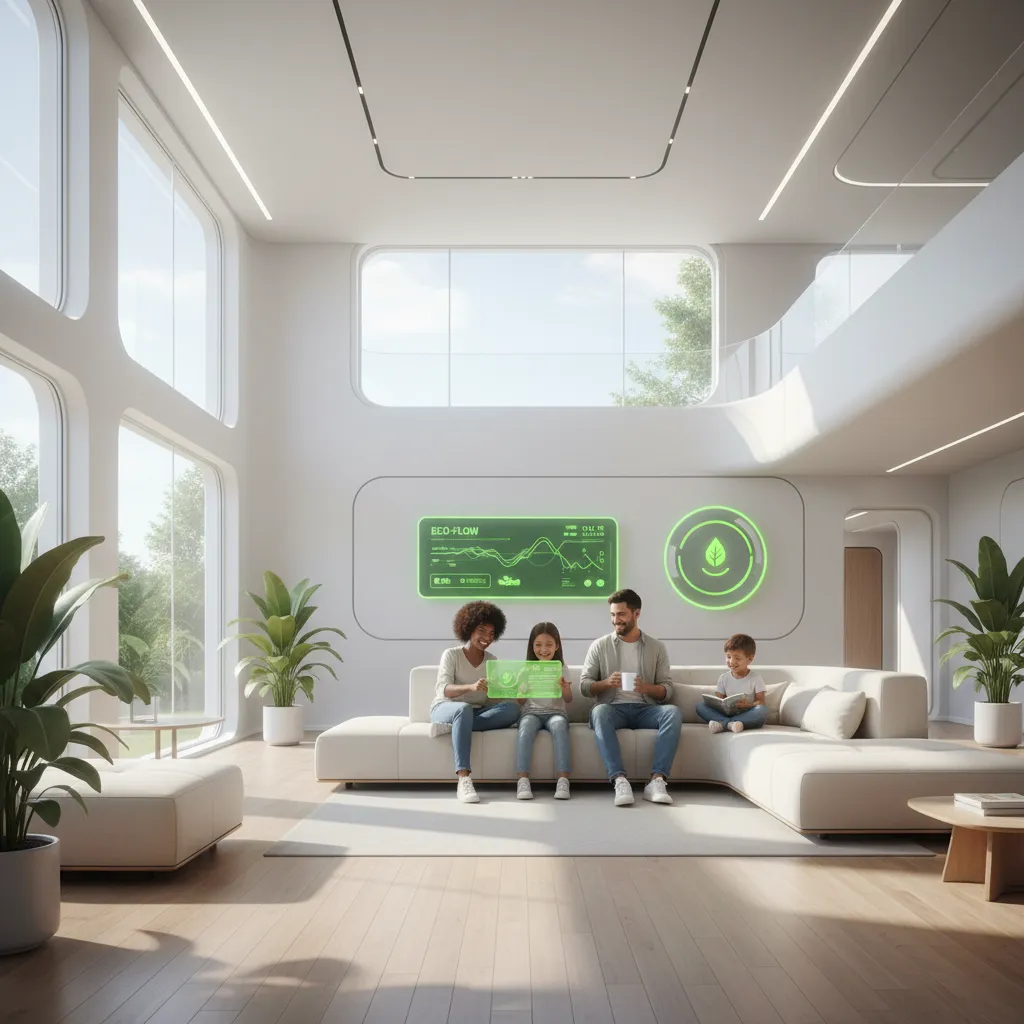 A vivid, cinematic hero image of a modern living room at dusk with glowing blue lines connecting smart devices, symbolizing an intelligent AI energy grid.