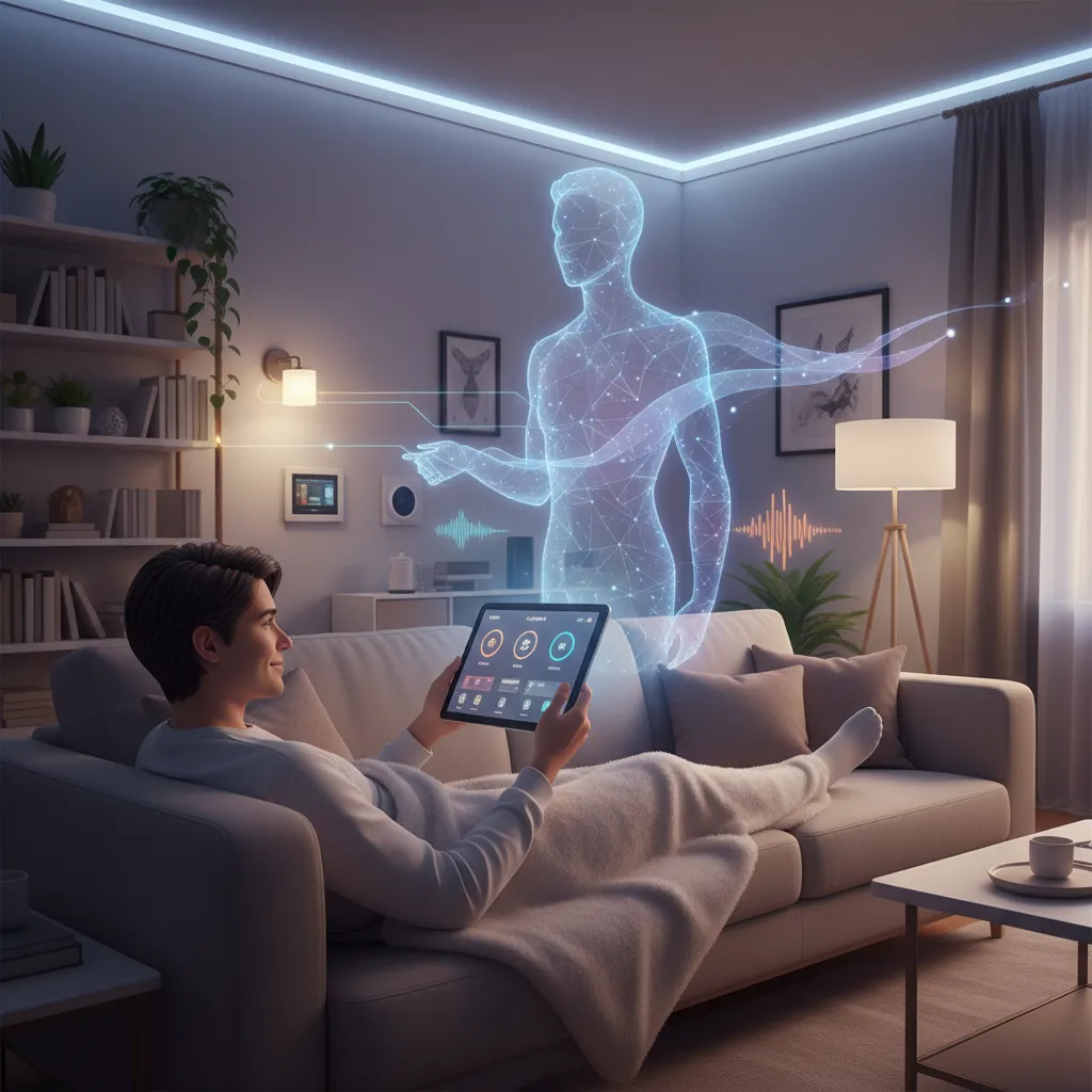 AI agent managing smart home tasks in a cozy living room