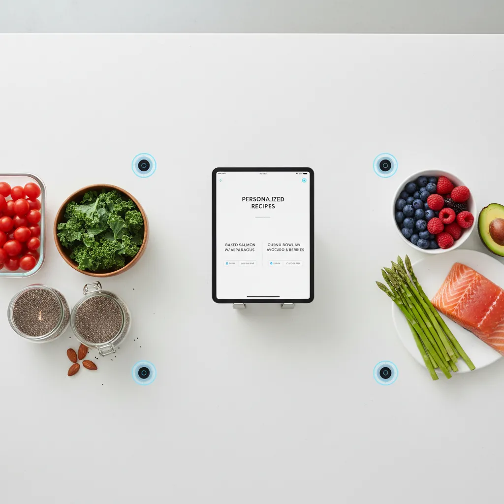 AI-powered smart kitchen displaying personalized recipes and ingredient monitoring.