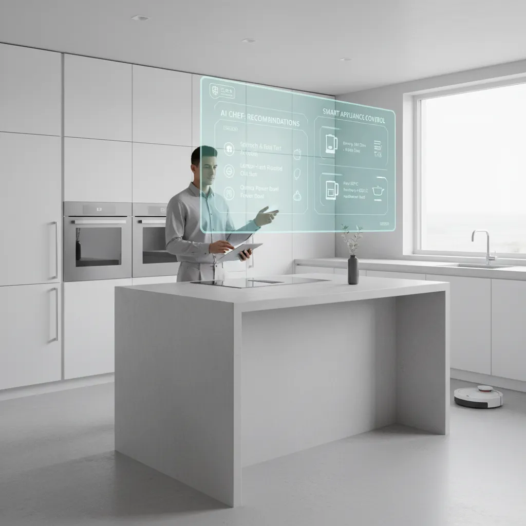 Person interacting with AI in a smart kitchen