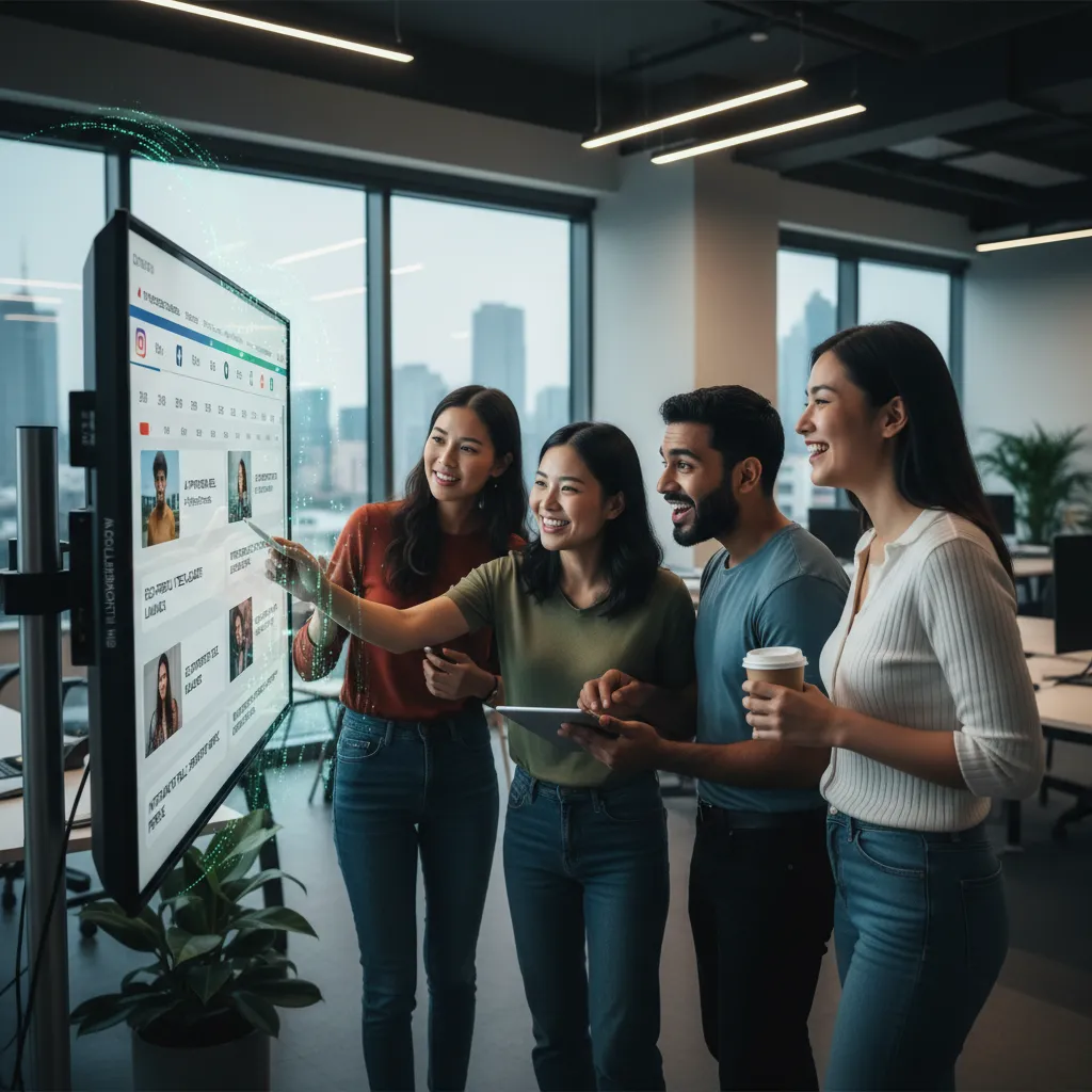 Professionals collaborating on AI social media campaign