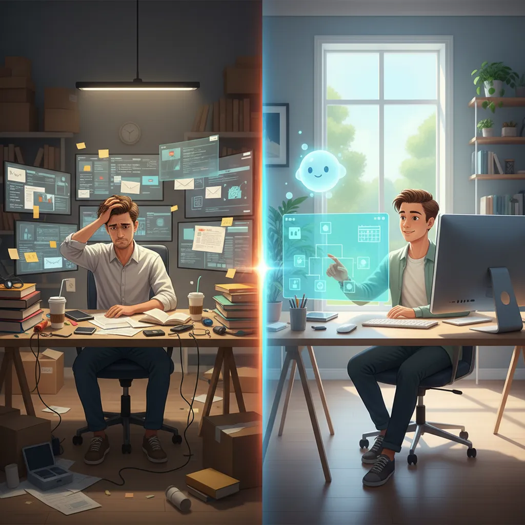 Contrast of cluttered vs organized desk with AI assistance