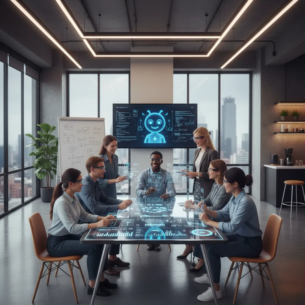 Diverse team collaborating with AI tools in a modern office