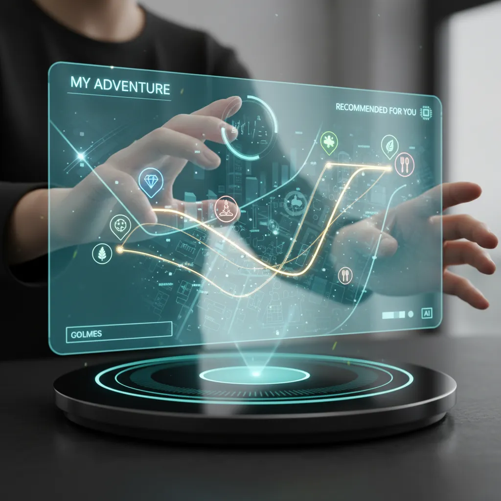 Holographic map showing AI-generated personalized travel itinerary based on user preferences.