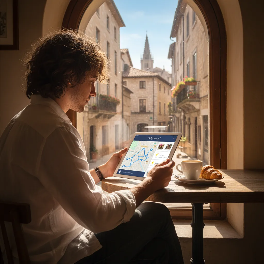 Person planning a trip with an AI travel planner on a tablet in a European cafe