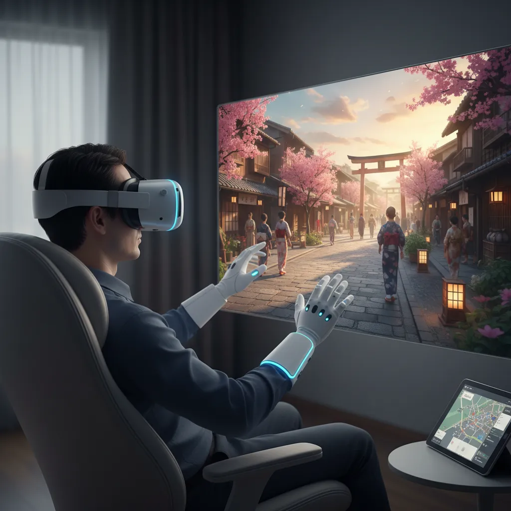 A person using a VR headset to virtually experience a travel destination before booking.