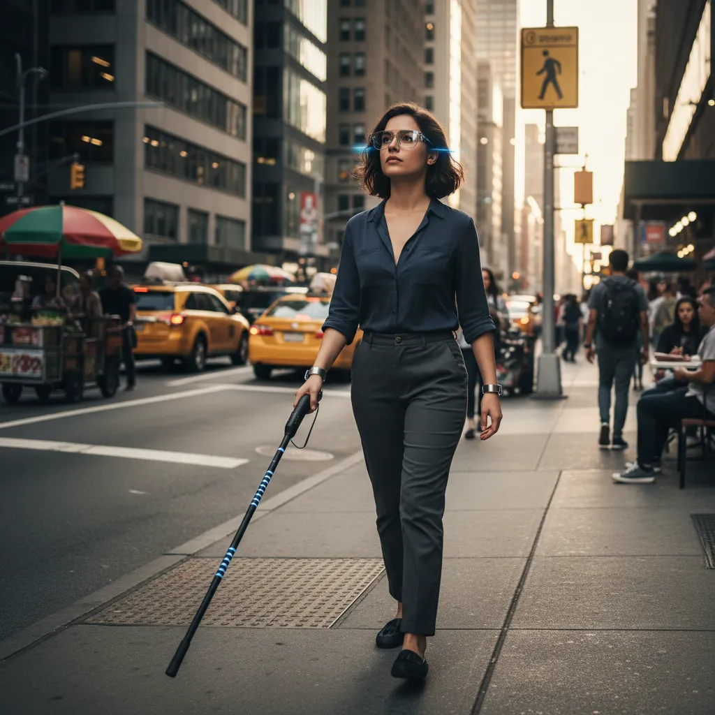 Visually impaired person using AI smart cane and glasses in urban setting