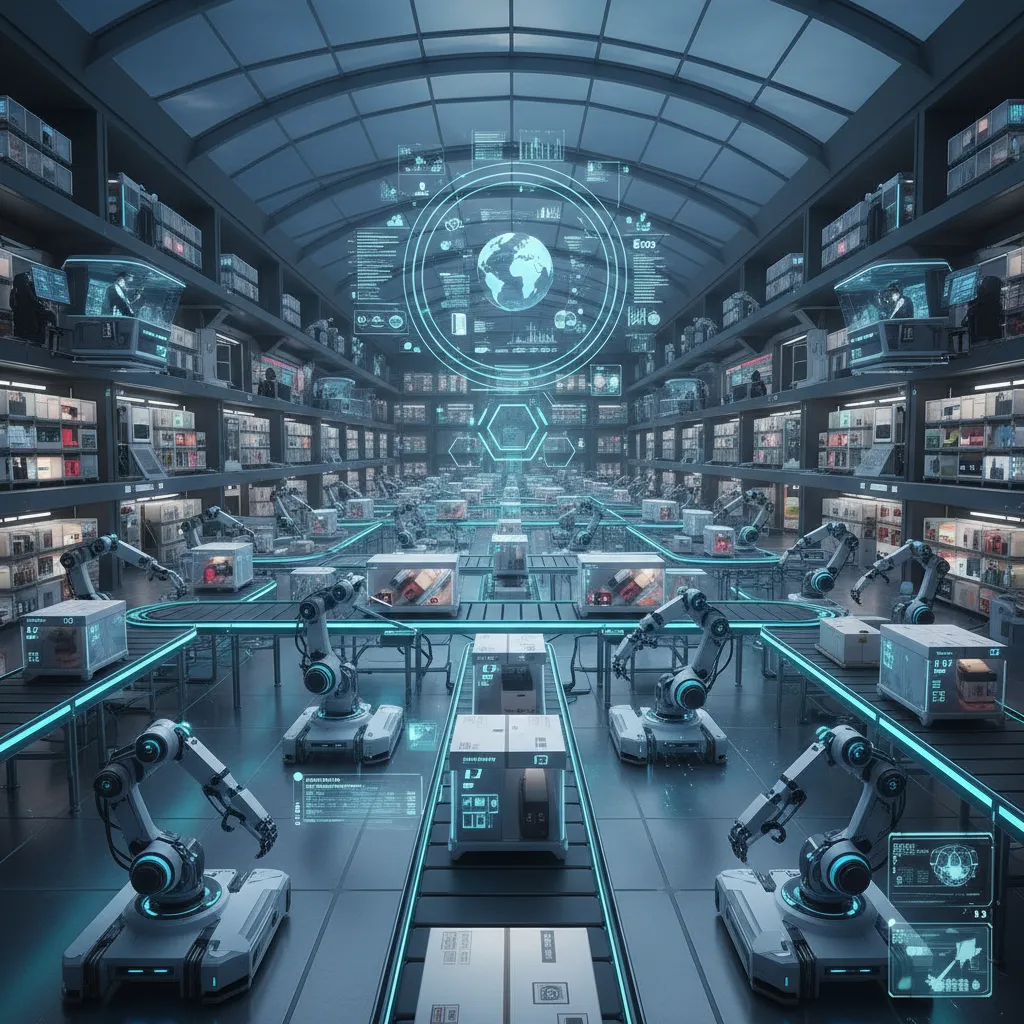 AI robots in a futuristic warehouse