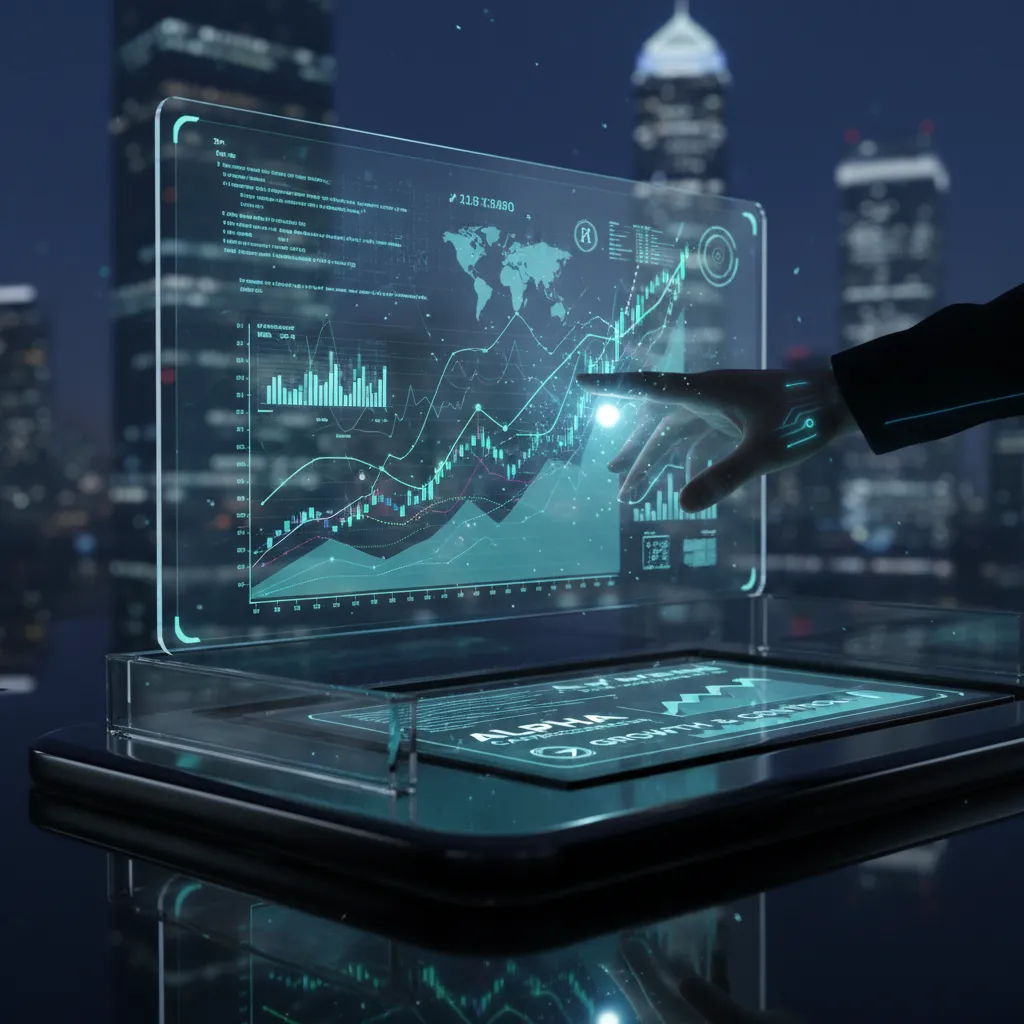 A sleek, futuristic dashboard displaying personalized AI-driven investment data and wealth growth charts.