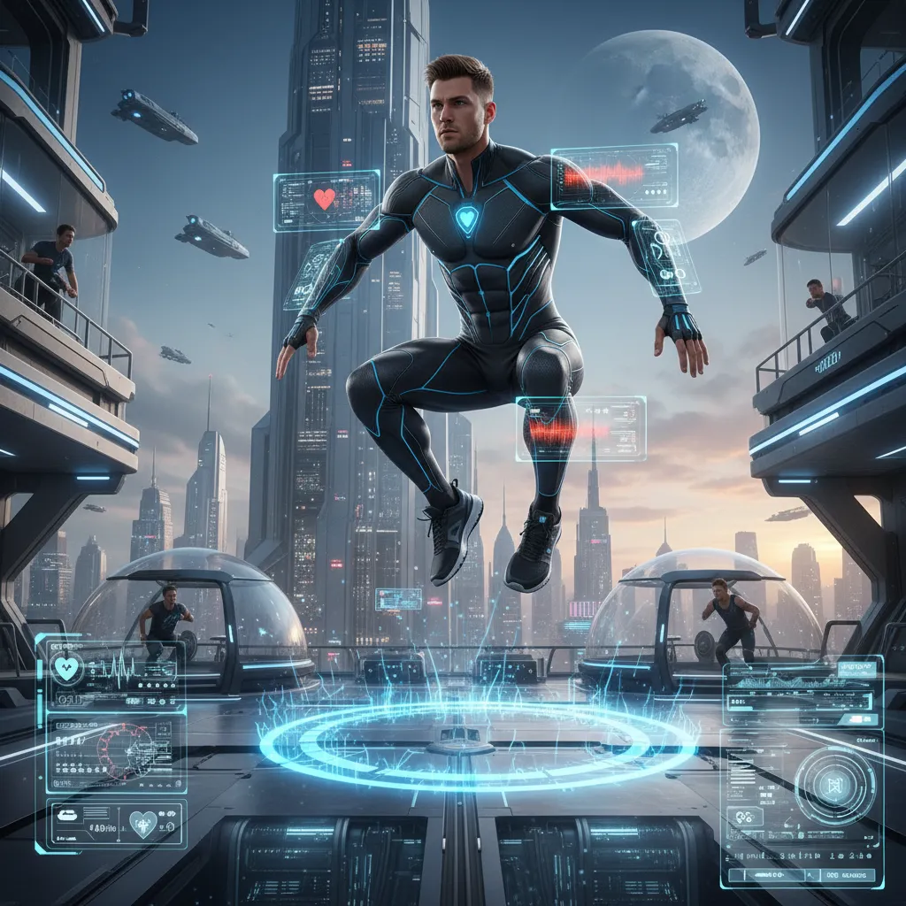 Athlete with AI wearable sensors monitoring performance metrics in real-time.