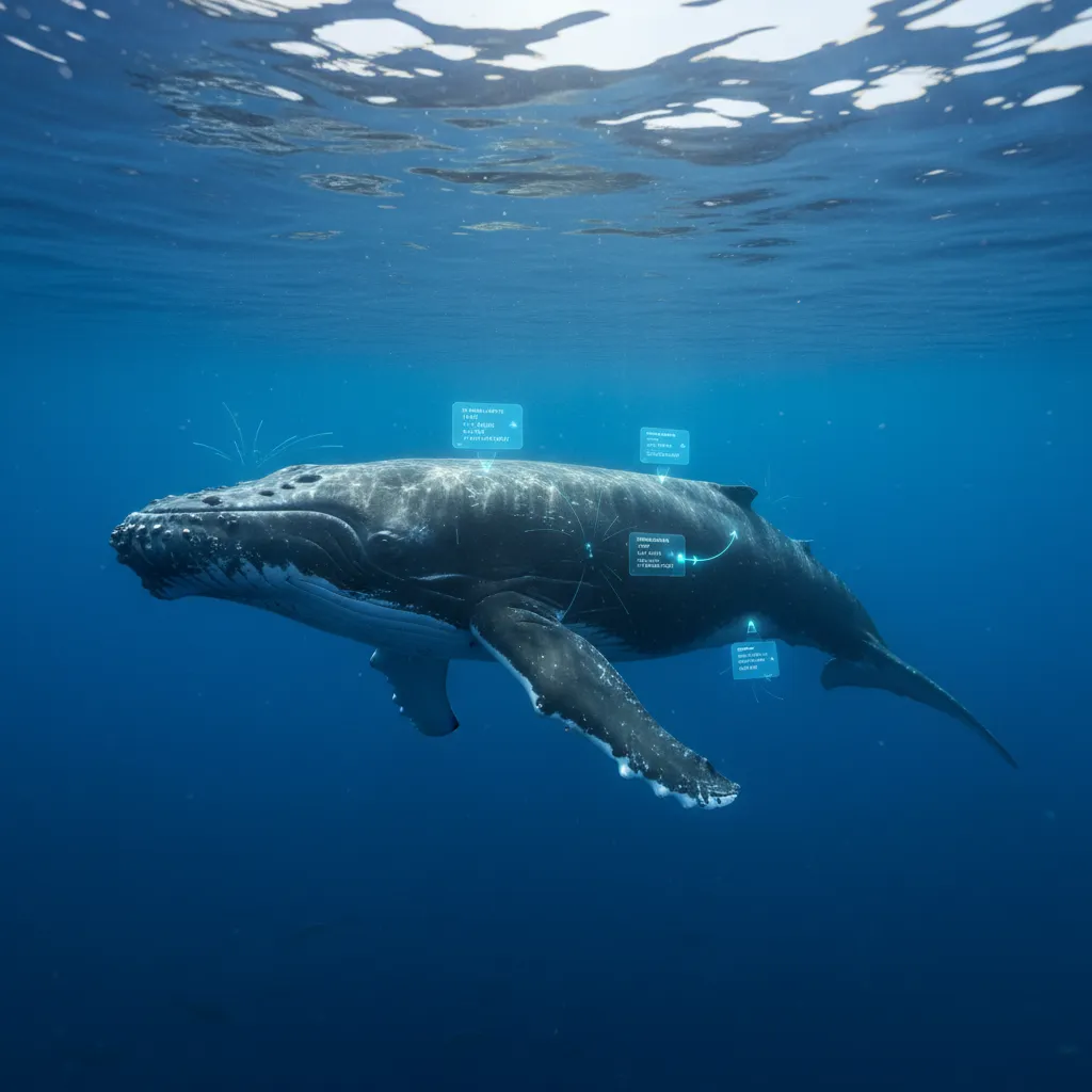 Whale with AI tracking tags in the deep ocean