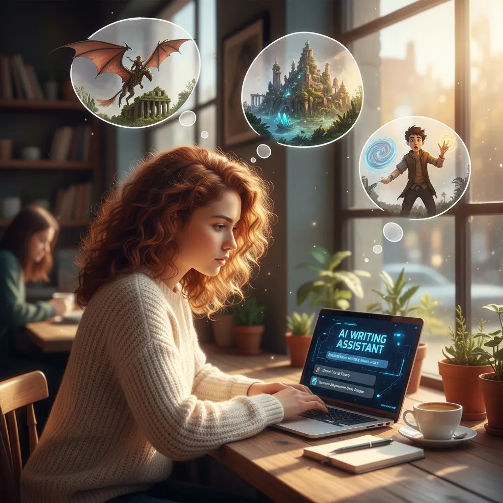 A writer in a cozy cafe, using an AI writing assistant on their laptop to brainstorm ideas for a novel.