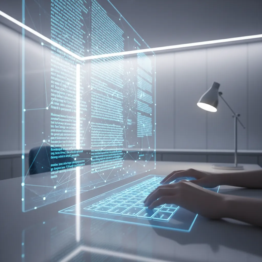 AI writing assistant generating text on a holographic keyboard