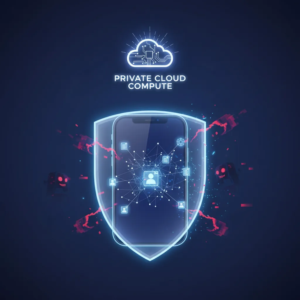 A glowing shield protecting an iPhone, symbolizing Apple Intelligence's on-device and private cloud compute privacy features.
