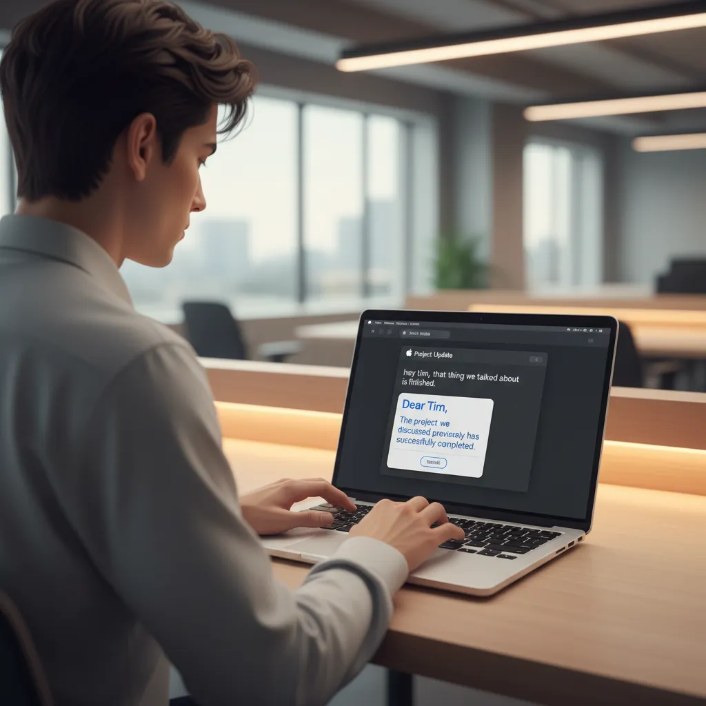 A demonstration of Apple's AI Writing Tools rewriting an email on a MacBook to sound more professional.