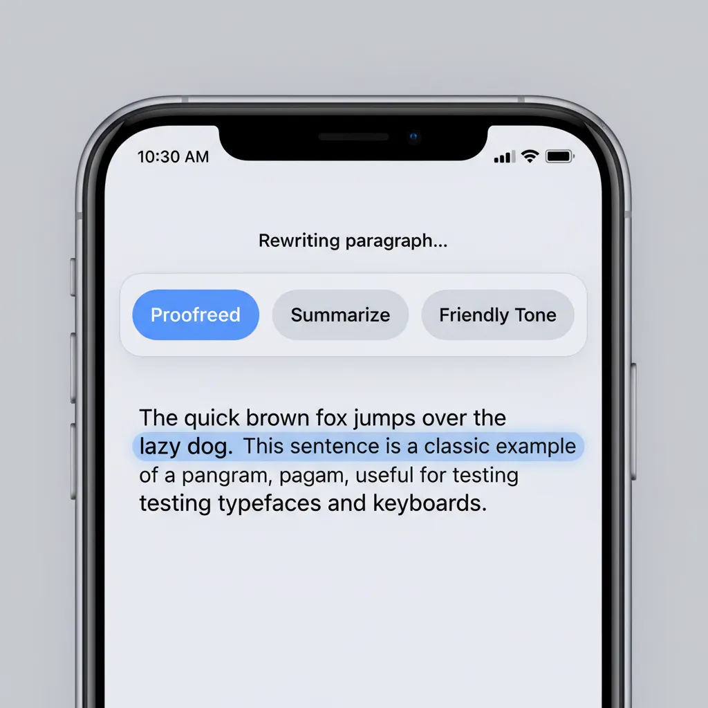 Demonstration of Apple's AI Writing Tools rewriting text on an iPhone screen in iOS 18.