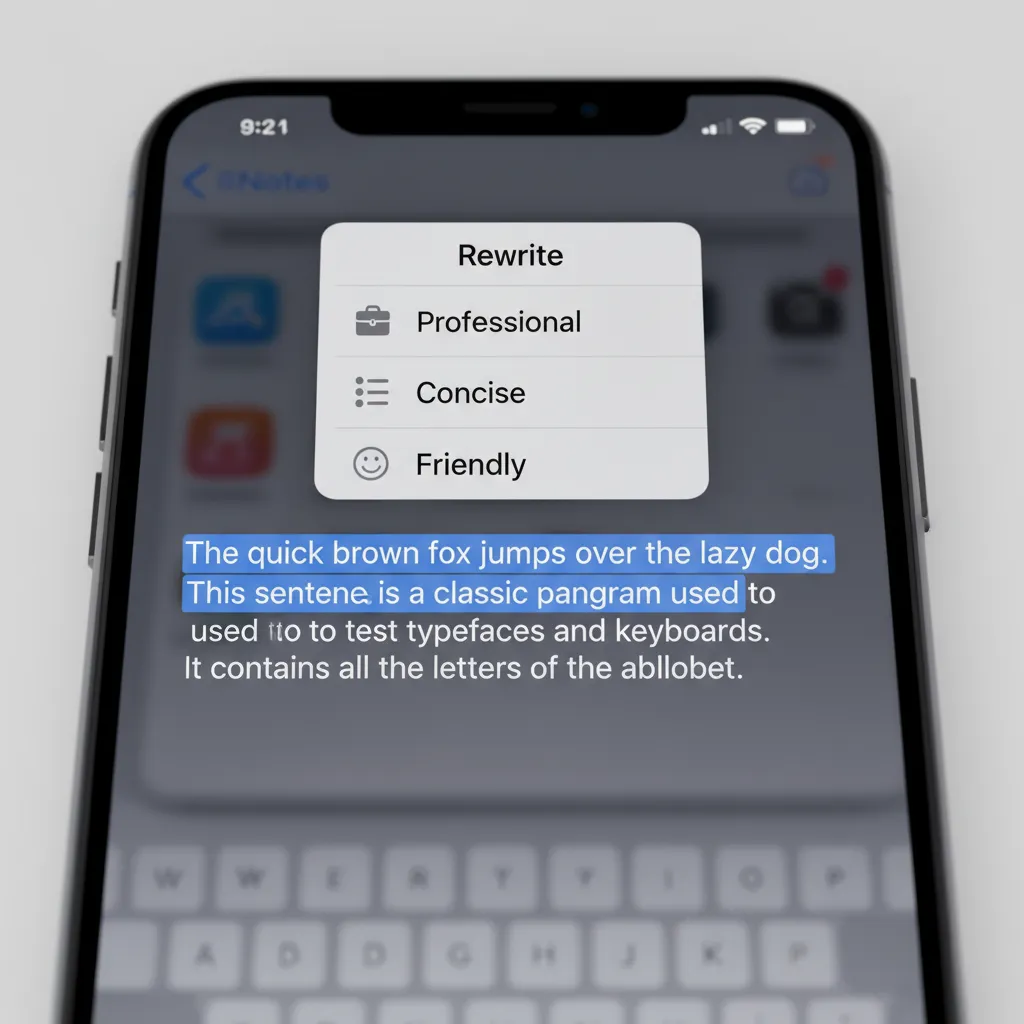 An iPhone screen showing the AI Writing Tools rewriting a paragraph of text in a more professional tone.