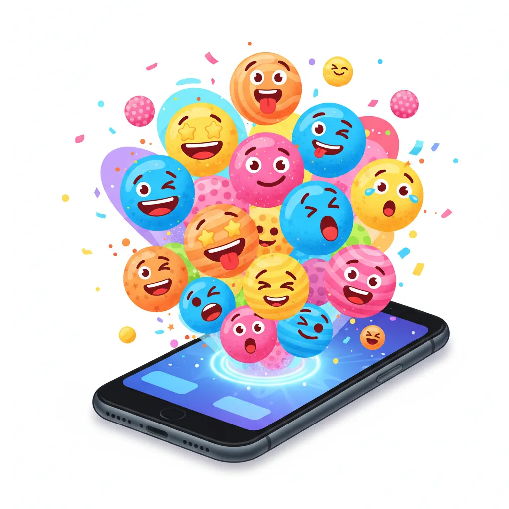 A collection of unique, AI-generated Genmojis with expressive faces displayed on a smartphone.