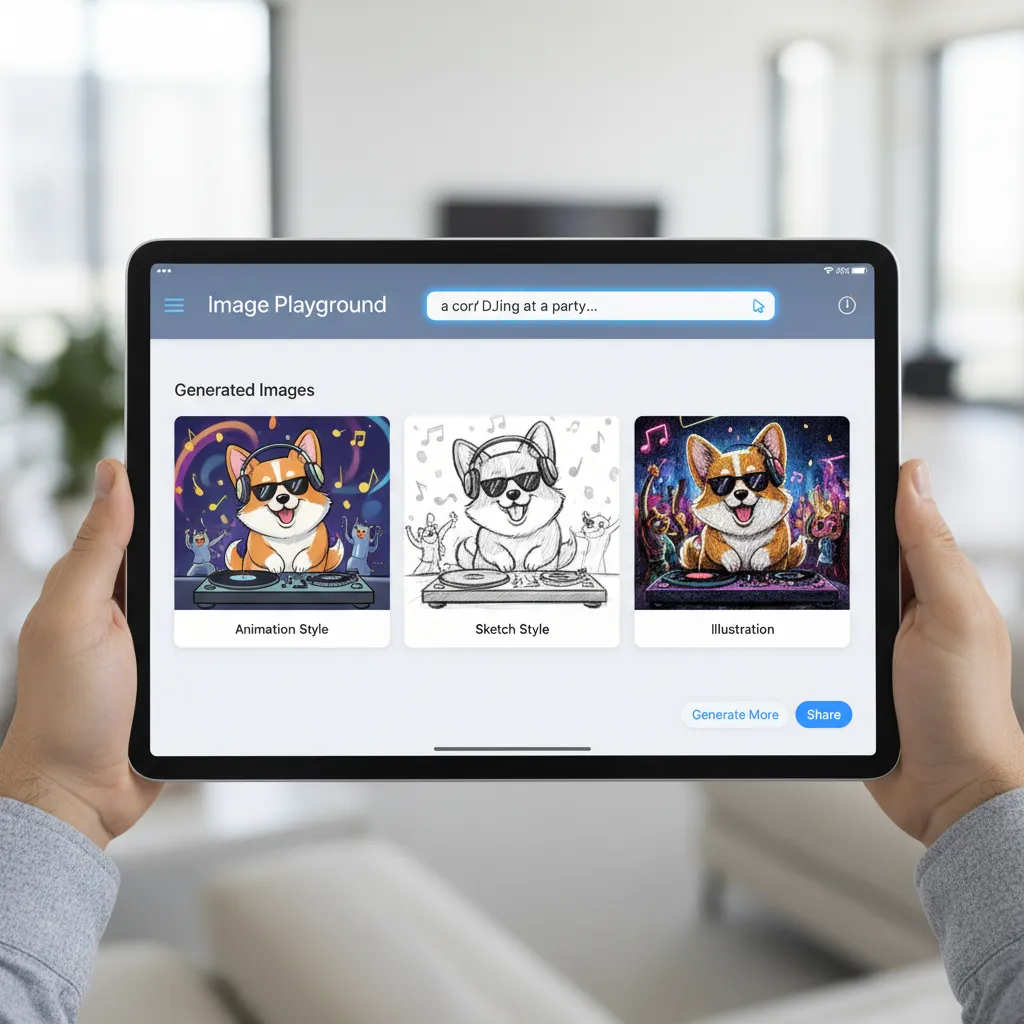 Screenshot of the new Image Playground app on an iPad, showing how to create AI images with text prompts.