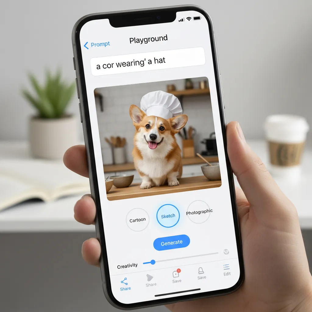 An iPhone screen demonstrating the Image Playground AI image generation tool creating a picture.