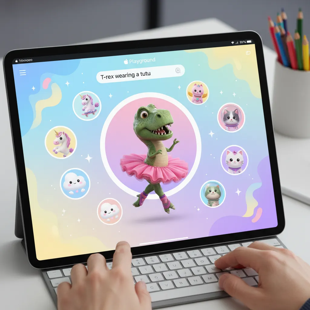 A collage of fun Genmojis being created on an iPad using the Image Playground interface.
