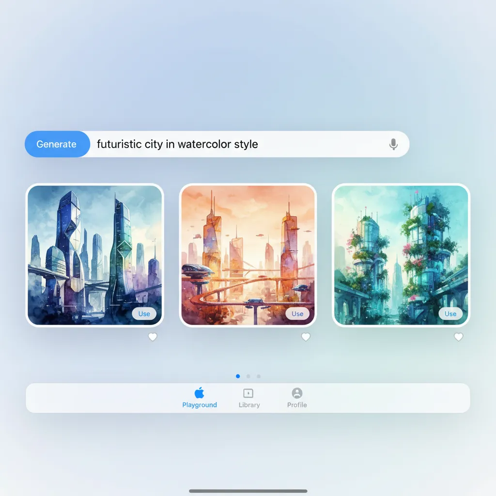 An iPhone showcasing the Image Playground interface, generating a picture of a futuristic city in a watercolor style.