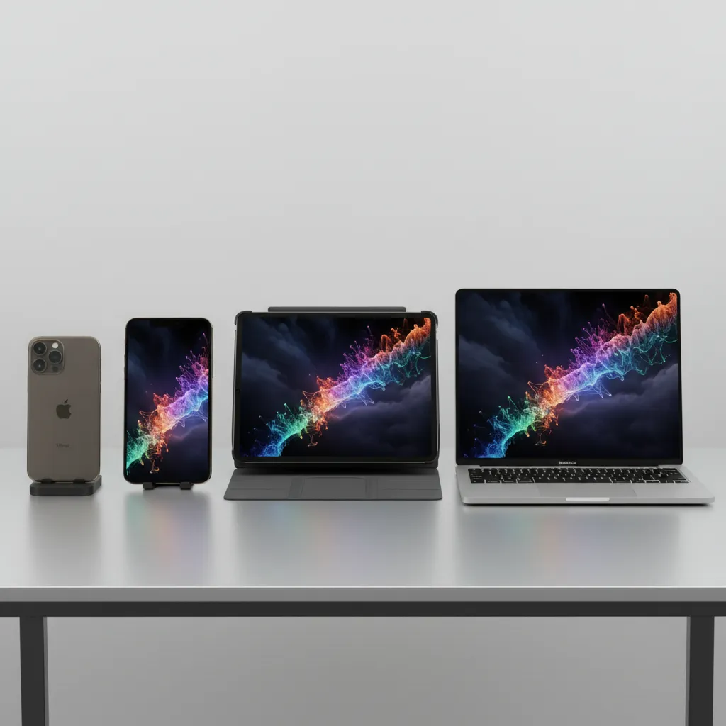 A lineup of compatible Apple devices, including the iPhone 15 Pro, and Macs/iPads with M-series chips, ready to receive the Apple Intelligence update.