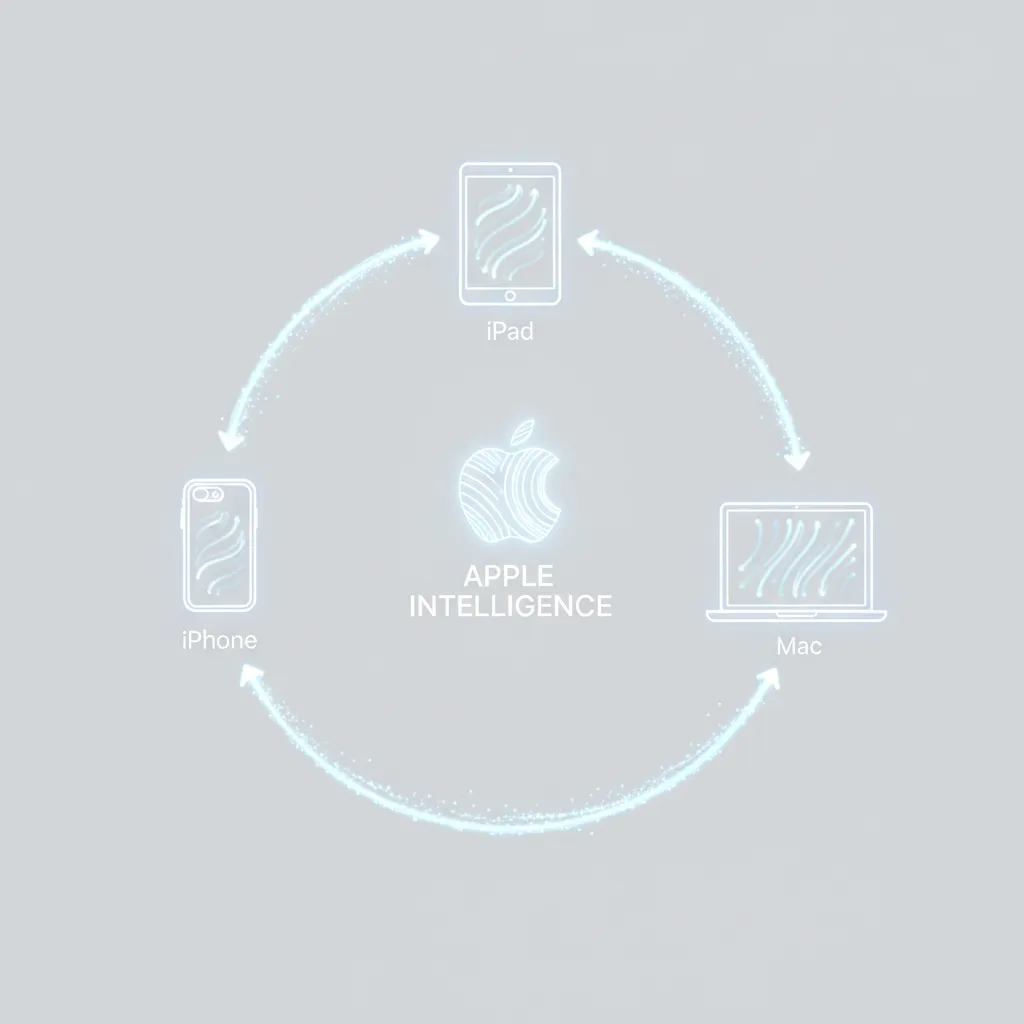 A diagram showing the seamless integration of Apple Intelligence across iPhone, iPad, and Mac, with data flowing between devices.