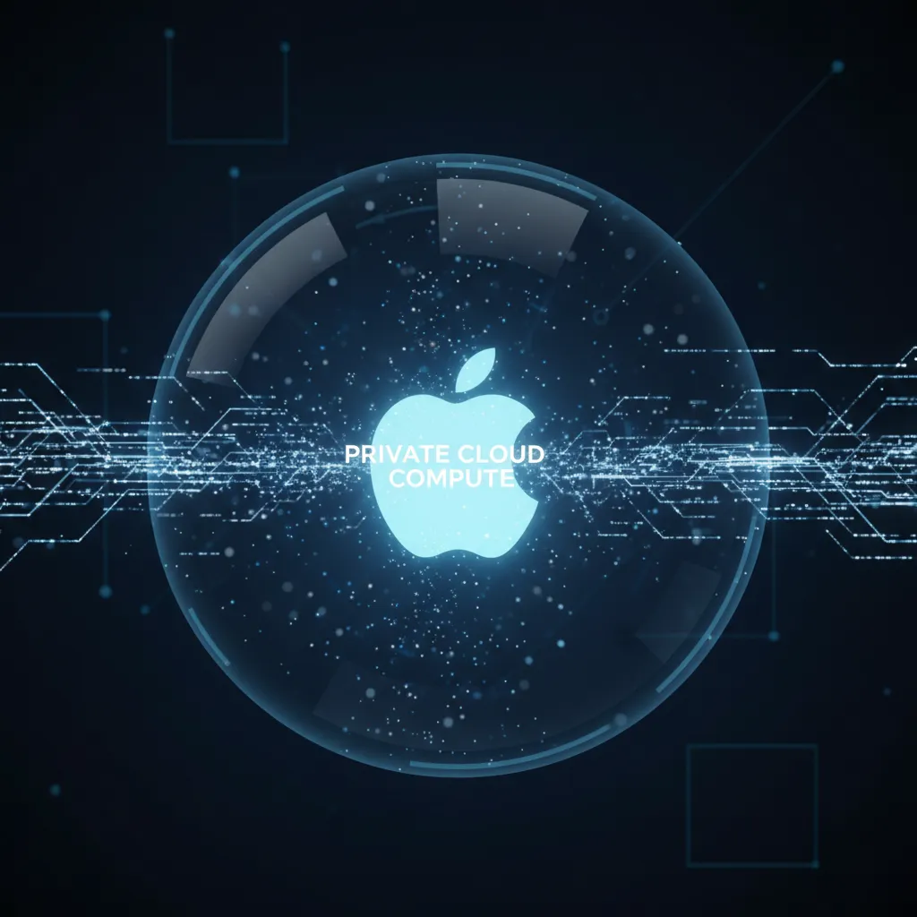 A symbolic image of Apple's Private Cloud Compute, with a glowing shield protecting user data.