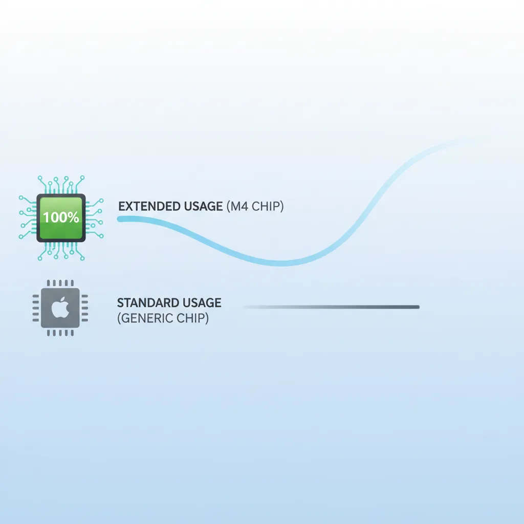 A graphic illustrating the power efficiency of the M4 chip with a long-lasting battery icon.