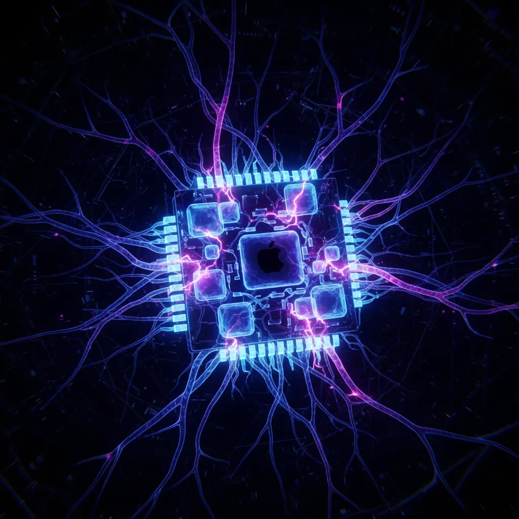 Abstract art representing the immense processing power of the Apple M4 chip's neural engine.