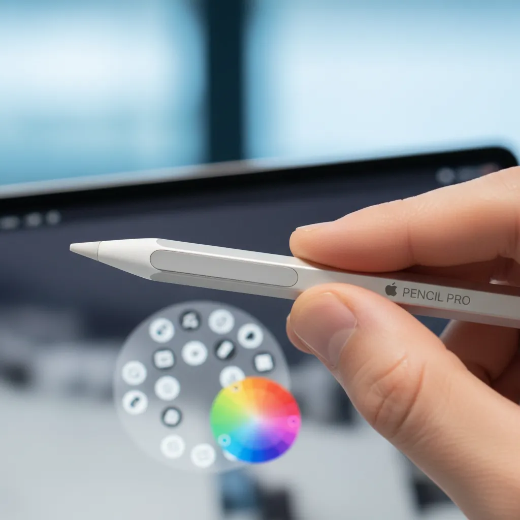 Detailed view of the Apple Pencil Pro showing the new squeeze gesture for tool selection.