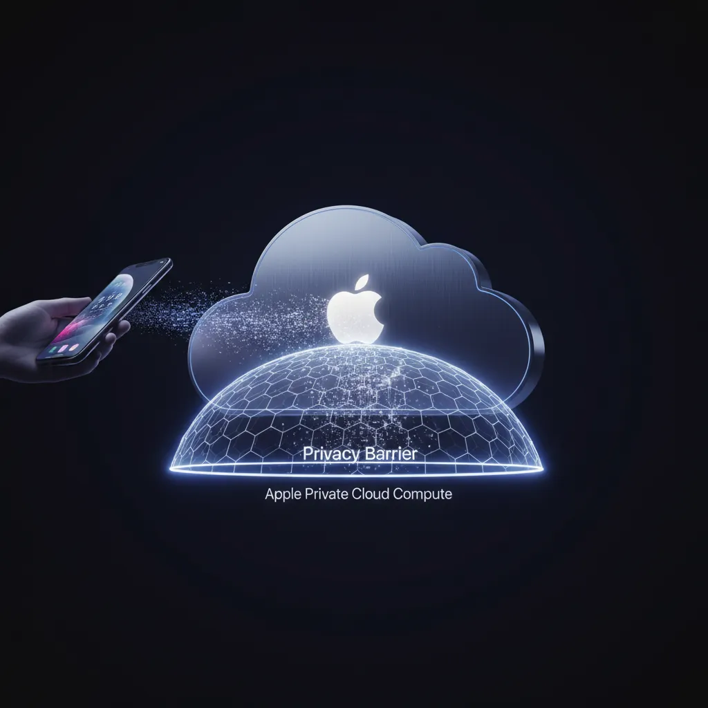 Illustration showing how Apple's Private Cloud Compute keeps user data secure and private while processing AI requests.