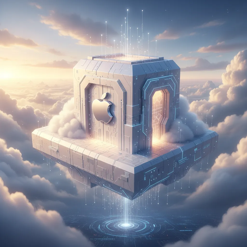 A secure, glowing digital vault in the clouds with the Apple logo, symbolizing Private Cloud Compute.
