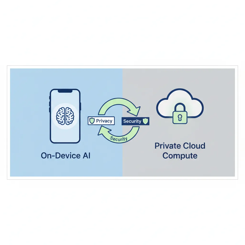 Infographic explaining how Apple Intelligence uses on-device processing and Private Cloud Compute to protect user data.