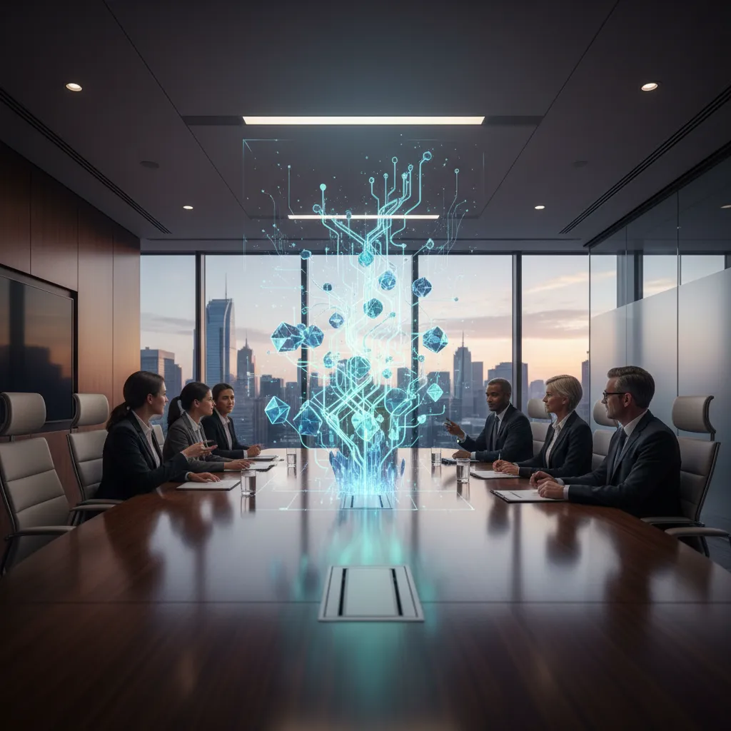 Corporate boardroom with holographic display showing AI integration pathways and growth projections