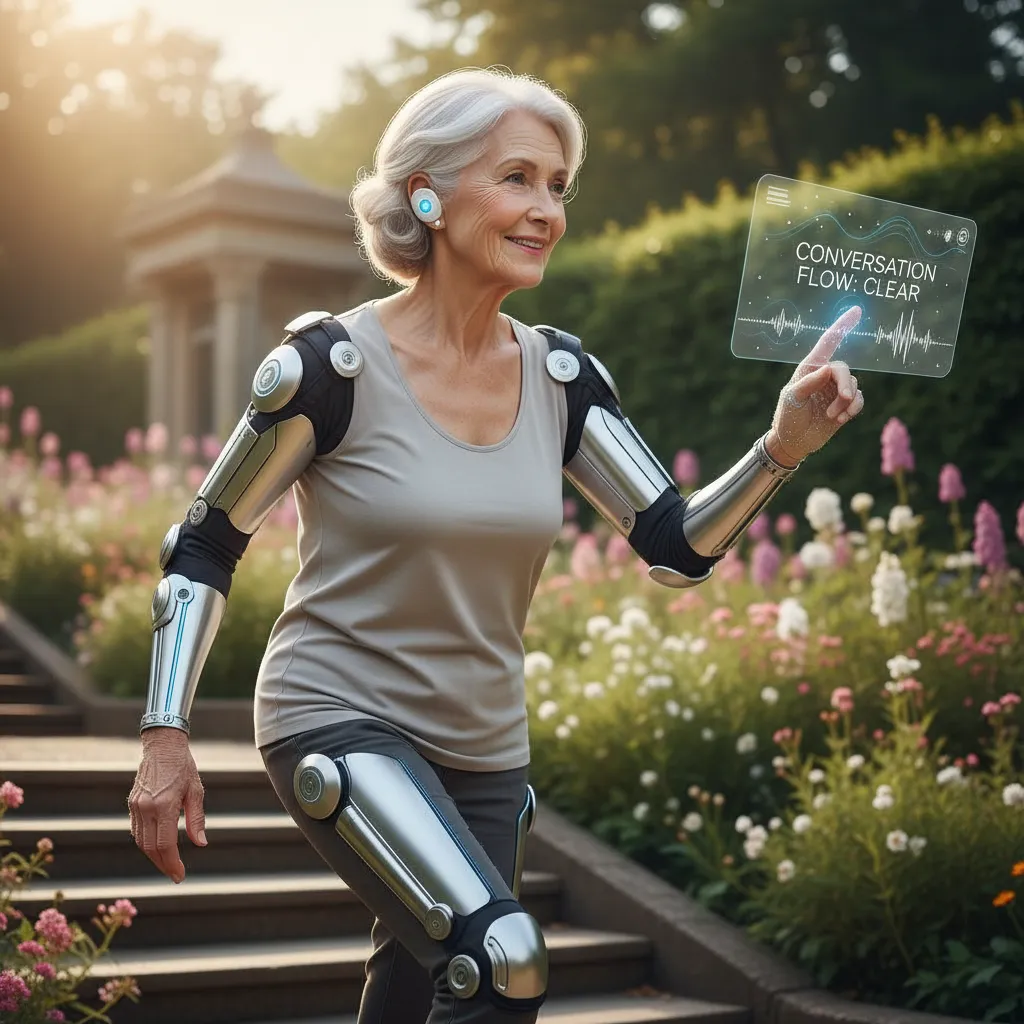 Elderly person smiling while interacting with an intuitive assistive AI wearable on their wrist.