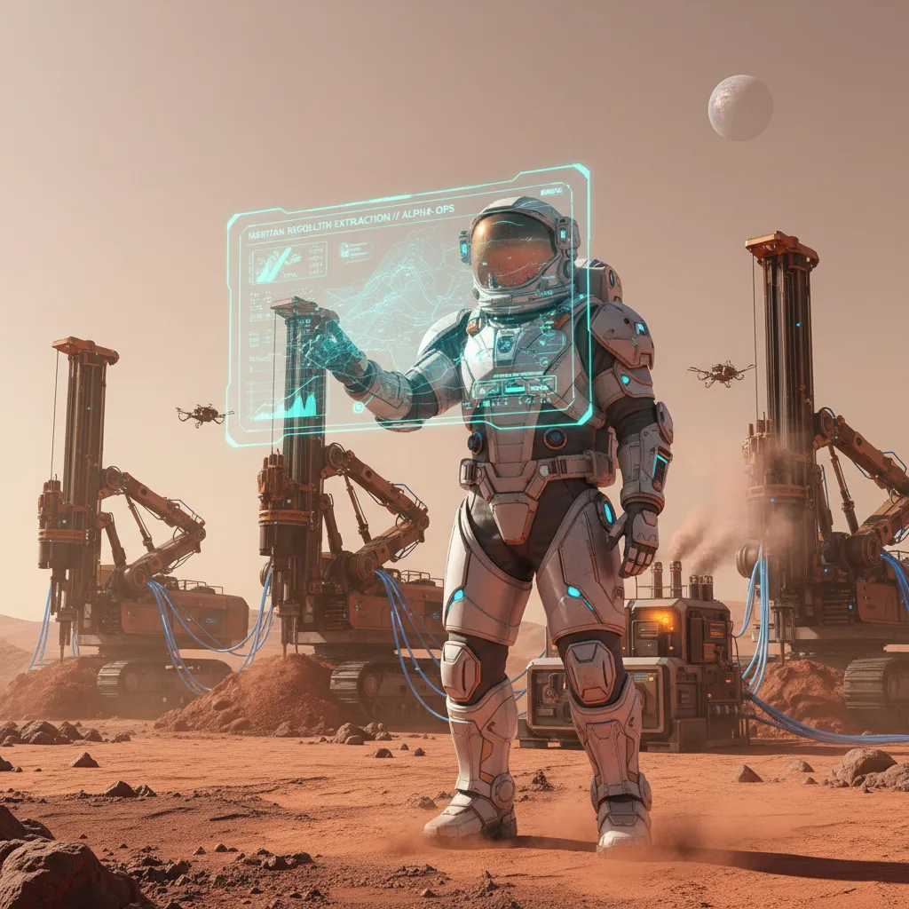 An astronaut oversees an AI-powered rover extracting resources from Martian soil.